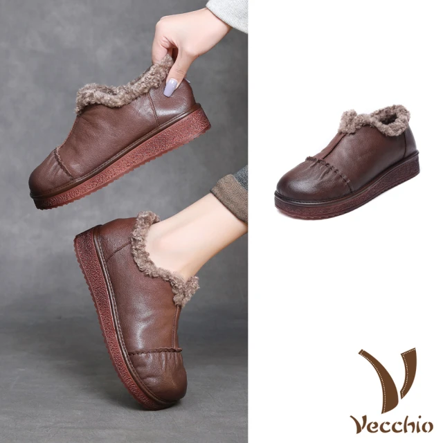 VecchioVecchio 真皮休閒鞋 厚底休閒鞋/真皮頭層牛皮保暖羊羔毛絨內裡厚底雪鞋 休閒鞋 懶人鞋(棕)