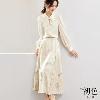 【初色】現貨 新中式盤扣翻領長袖襯衫上衣/印花緞面馬面裙半身裙長裙-共2款-32971(M-XL可選/快速出貨)