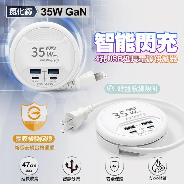 【WiWU】Wi-P02智能閃充35W氮化鎵4孔USB延長電源供應器 2C2A-47cm-白