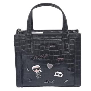 【KARL LAGERFELD 卡爾】KL 新款老佛爺 貓咪 愛心 鱷魚紋托特包斜揹包手提包(黑色/母親節送禮)