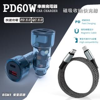 【KooPin】極速60W 雙孔PD+QC 工業風 車用充電器+雙頭Type-C 磁吸收納快充線(1A1C)