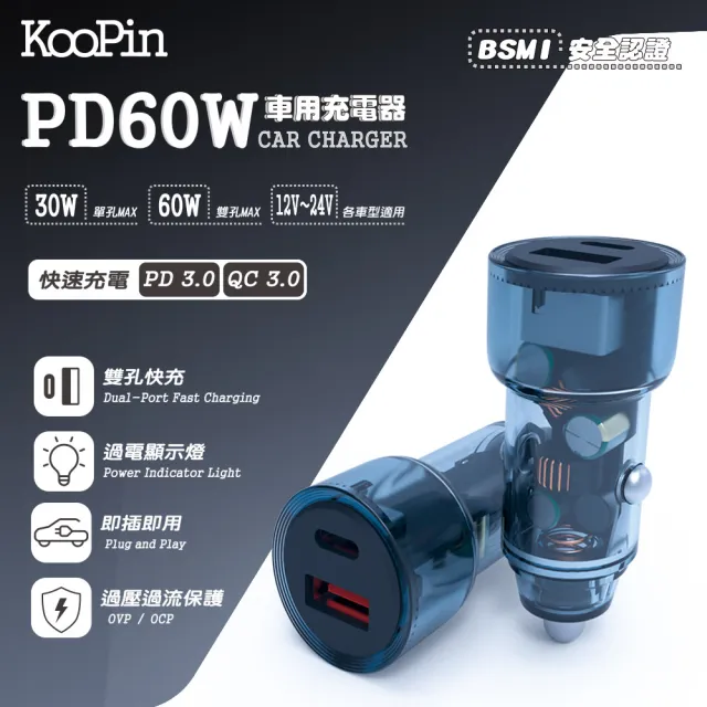【KooPin】極速60W 雙孔PD+QC 工業風 車用充電器+雙頭Type-C E-marker晶片 快充線(1.2M)