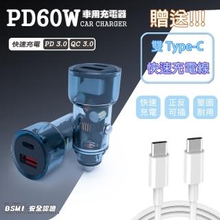 【KooPin】極速60W 雙孔PD+QC 工業風 車用充電器(附贈Type-C充電線)