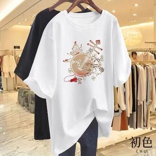 【初色】現貨 中大碼圓領文藝古風樂器印花短袖T恤上衣女上衣-共6色-33201(M-2XL可選/快速出貨)