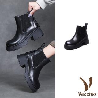 【Vecchio】真皮短靴 粗跟短靴/真皮頭層小牛皮保暖絨裡粗跟厚底切爾西短靴(黑)