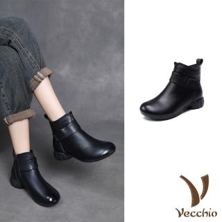 【Vecchio】真皮短靴 牛皮短靴/真皮頭層牛皮復古民族風一字帶保暖絨裡短靴(黑)