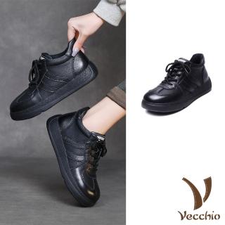 【Vecchio】真皮運動鞋 牛皮運動鞋/真皮頭層牛皮百搭休閒絨裡德訓鞋 運動鞋(黑)