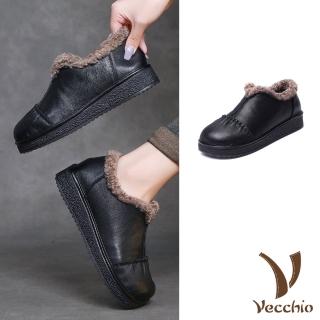 【Vecchio】真皮休閒鞋 厚底休閒鞋/真皮頭層牛皮保暖羊羔毛絨內裡厚底雪鞋 休閒鞋 懶人鞋(黑)