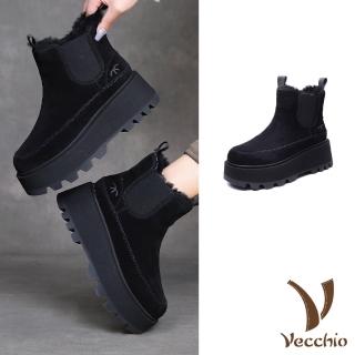 【Vecchio】真皮短靴 厚底短靴/真皮翻絨牛皮保暖厚絨切爾西厚底短靴(黑)