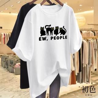 【初色】現貨 中大碼短袖貓貓英文字母印花T恤上衣女上衣-共5色-33122(M-4XL可選/快速出貨)