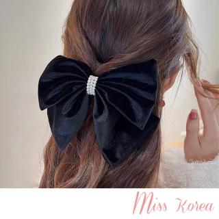 【MISS KOREA】珍珠髮夾 蝴蝶夾髮夾/韓國設計氣質絲絨緞面珍珠串鍊大蝴蝶結造型髮夾 馬尾夾(2色任選)