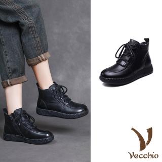 【Vecchio】真皮短靴 繫帶短靴/真皮頭層牛皮保暖羊毛復古繫帶短靴(黑)