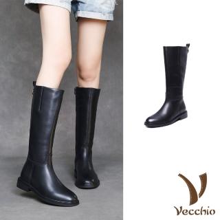 【Vecchio】真皮騎士靴 牛皮騎士靴/真皮頭層牛皮保暖絨裡美腿效果經典騎士靴(黑)