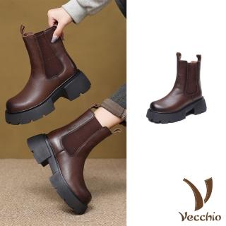【Vecchio】真皮中筒靴 厚底中筒靴/真皮頭層牛皮保暖絨裡厚底粗跟切爾西中筒靴(棕)