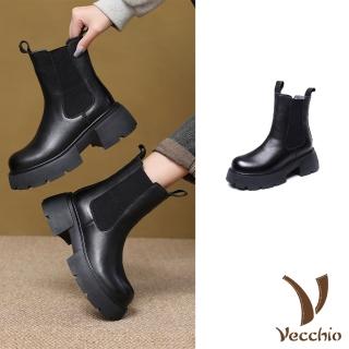 【Vecchio】真皮中筒靴 厚底中筒靴/真皮頭層牛皮保暖絨裡厚底粗跟切爾西中筒靴(黑)