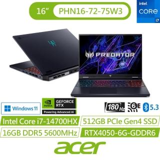 【Acer 宏碁】16吋14代i7 RTX4050電競筆電(Predator/PHN16-72-75W3/i7-14700HX/16G/512G/W11)