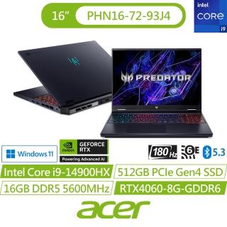【Acer 宏碁】16吋14代i9 RTX4060電競筆電(Predator/PHN16-72-93J4/i9-14900HX/16G/512G/W11)