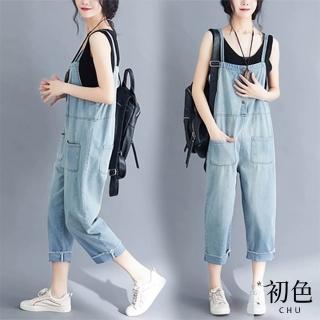 【初色】現貨 大碼寬鬆顯瘦大口袋設計吊帶牛仔褲-淺藍色-32822(M-2XL可選/快速出貨)