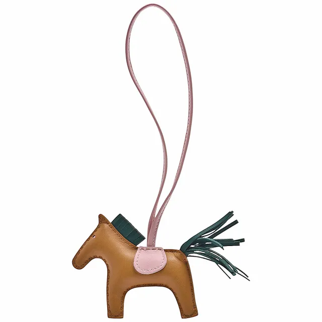 【Hermes 愛馬仕】RODEO MM馬兒造型拼色小羊皮鑰匙圈/吊飾(迷你-焦糖棕/粉紅色H064929CA-CRAMEL-PK)