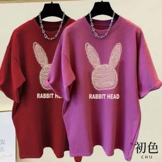 【初色】現貨 圓領磨毛兔子印花寬鬆五分短袖T恤上衣女上衣-共3色-32805(M-2XL可選/快速出貨)