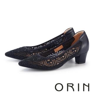 【ORIN】透膚網狀皮革水鑽尖頭中跟鞋(黑色)