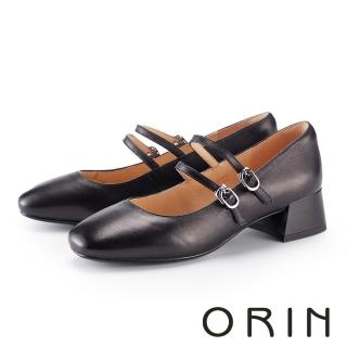 【ORIN】氣質雙帶真皮中跟瑪莉珍鞋(黑色)