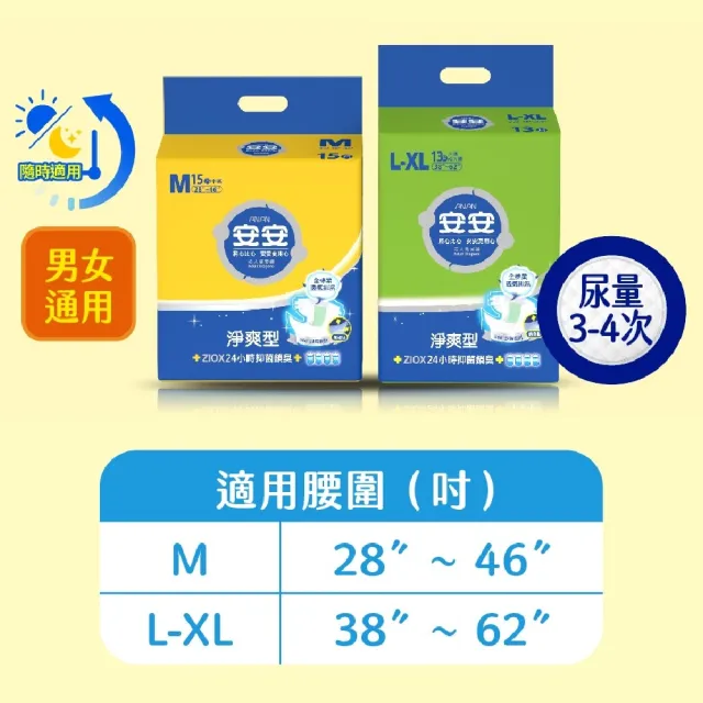 【安安成人】淨爽呵護型M-XL號 成人紙尿褲(M15片x6包/L-XL13片x6包 箱購  黏貼型)