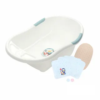 【PUKU 藍色企鵝】大容量 嬰兒 浴盆 澡盆組 39L(含防滑墊+紗布方巾4入)