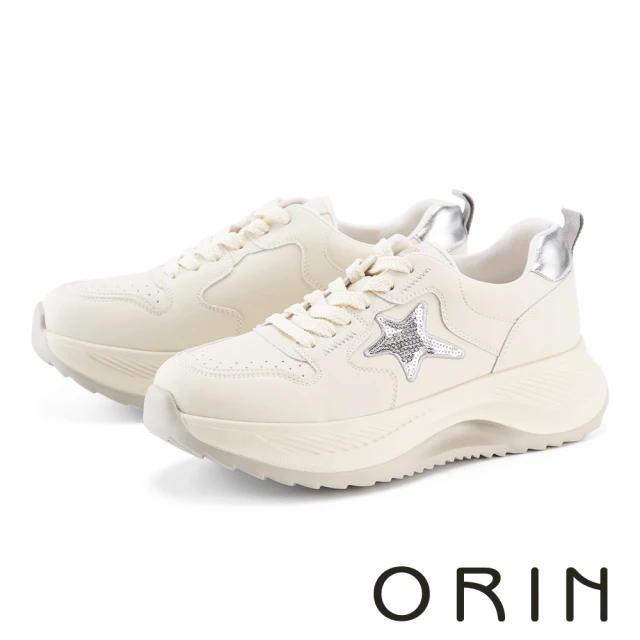 ORIN 星星真皮拼接綁帶厚底休閒鞋(米色)好評推薦