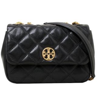 【TORY BURCH】TB專櫃款WILLA 圓牌LOGO小香風菱格紋斜背肩揹包(黑)