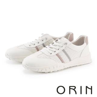 【ORIN】免綁帶打孔透氣真皮休閒鞋(米色)