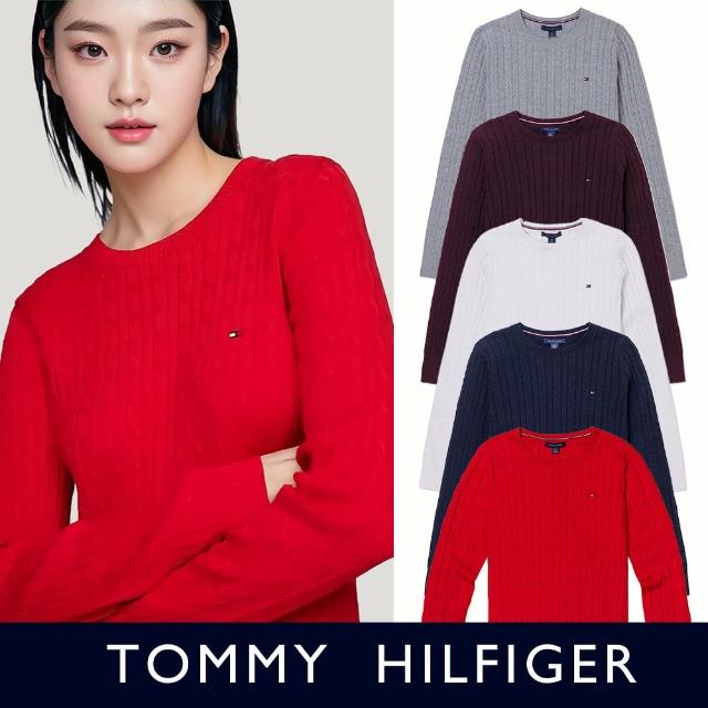 【Tommy Hilfiger】TOMMY 經典圓領刺繡小LOGO麻花針織毛衣 上衣-女-多色組合(平輸品/保暖舒適)