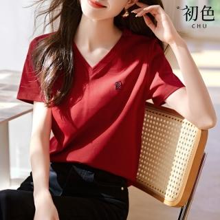 【初色】現貨 純色V領繡花字母短袖打底衫T恤上衣女上衣-共2色-33471(M-2XL可選/快速出貨)
