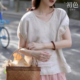 【初色】現貨 棉麻風寬鬆V領繡花蝙蝠袖短袖T恤女上衣-共3色-33716(M-2XL可選/快速出貨)