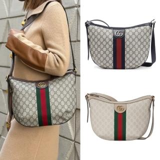 【GUCCI 古馳】598125 經典Ophidia系列 GG Supreme帆布印花雙色織帶皮革飾邊肩背/斜背彎月包(顏色任選)