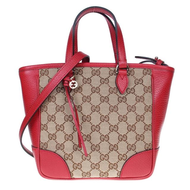 【GUCCI 古馳】449241 經典雙G LOGO拼接皮革飾邊緹花兩用手提/斜背包(駝色紅邊)