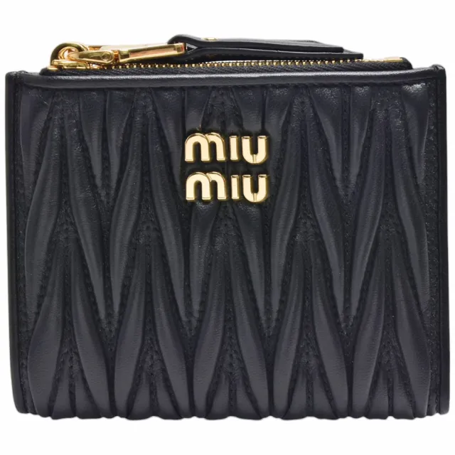【MIU MIU】經典品牌LOGO皺褶nappa小羊皮雙拉鍊短夾(黑色5ML024-MATELASSE-NERO)