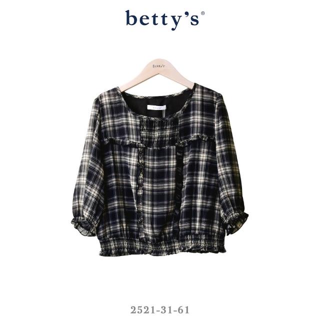 【betty’s 貝蒂思】荷葉邊雪紡格紋七分袖上衣(黑色)