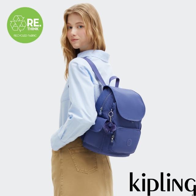 【KIPLING官方旗艦館】『猴子包』深海藍拉鍊掀蓋後背包-CITY PACK S