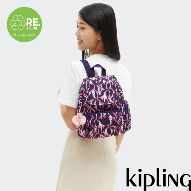 【KIPLING官方旗艦館】『猴子包』藍粉棕櫚印花掀蓋拉鍊後背包-CITY ZIP MINI