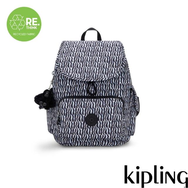 【KIPLING官方旗艦館】『猴子包』藍白波紋拉鍊掀蓋後背包-CITY PACK S