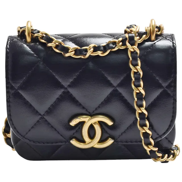 【CHANEL 香奈兒】經典雙C LOGO菱格紋小牛皮雙層斜背小包(黑色AP3372C-BLK-GPN)