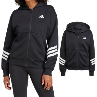 【adidas 愛迪達】W FI 3S FZ HD 女款 黑色 運動 休閒 連帽 長袖 拉鍊 口袋 愛迪達 外套 JE0171
