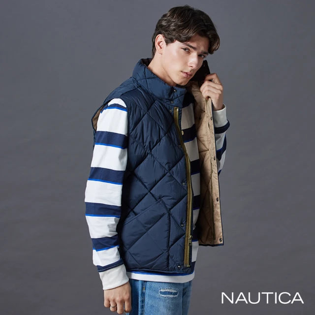 NAUTICA 官方旗艦 男裝 菱格壓紋多口袋極暖背心(深藍色)