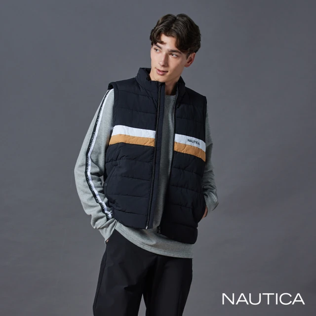 NAUTICA 官方旗艦 男裝 微高領撞色柔暖背心(黑色)