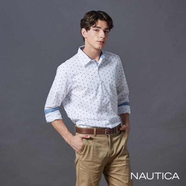 NAUTICA 官方旗艦 男裝 滿版多彩三角形長袖襯衫(白色)