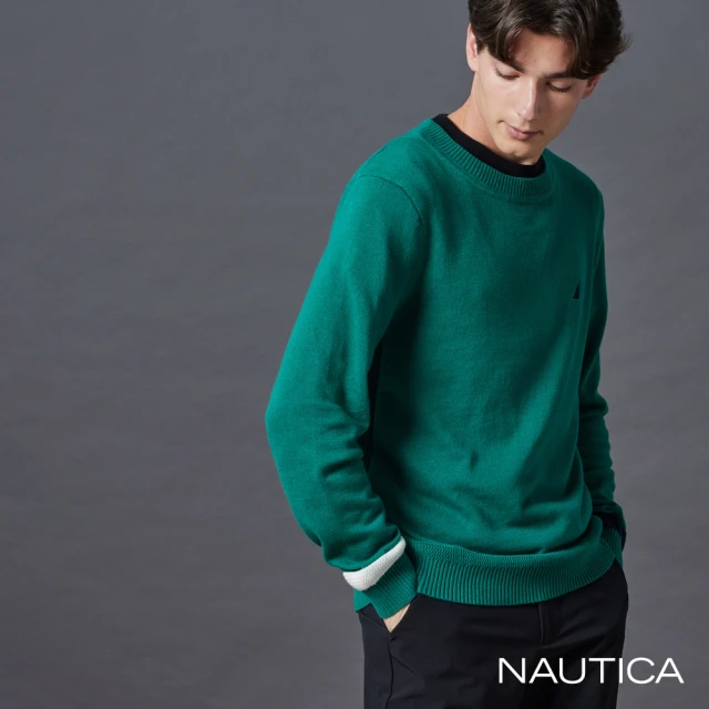 NAUTICA 官方旗艦 男裝 跳色拼接純棉長袖針織衫(藍色)