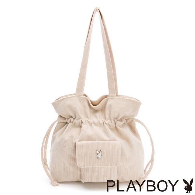 【PLAYBOY】抽繩肩背包 純色軟布系列(白色)