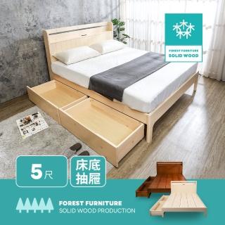【BODEN】森林傢俱 維文5尺雙人書架型實木床架/床組-收納抽屜型-附插座(兩色可選)