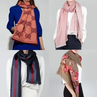 【GUCCI 古馳】經典GG LOGO羊毛混絲斜紋雙色流蘇披巾/圍巾(多色可選)